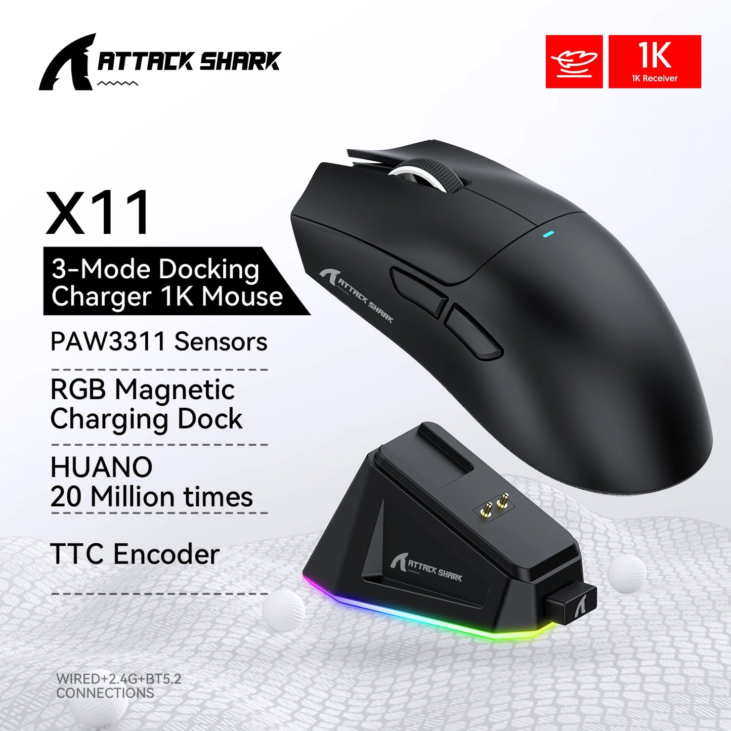Attack Shark X11 – Souris Gaming Sans Fil 3 Modes avec Dock de Charge RGB