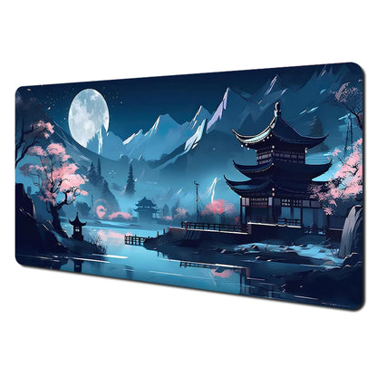 Tapis de Souris XXL Gamer – Design Japonais Lune & Temple | Antidérapant, Imperméable