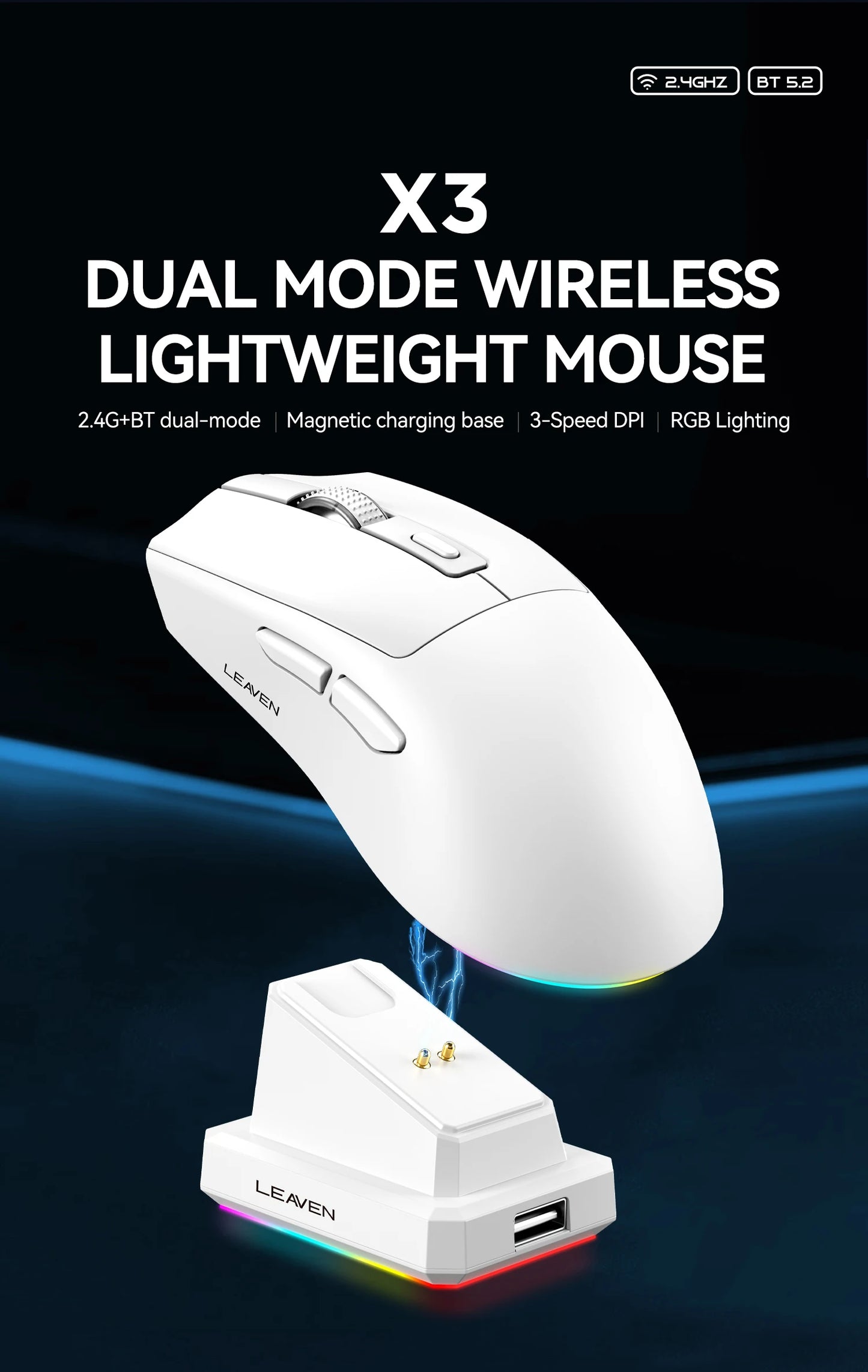 X3 Wireless Gaming Mouse – Précision, Légèreté et Style RGB