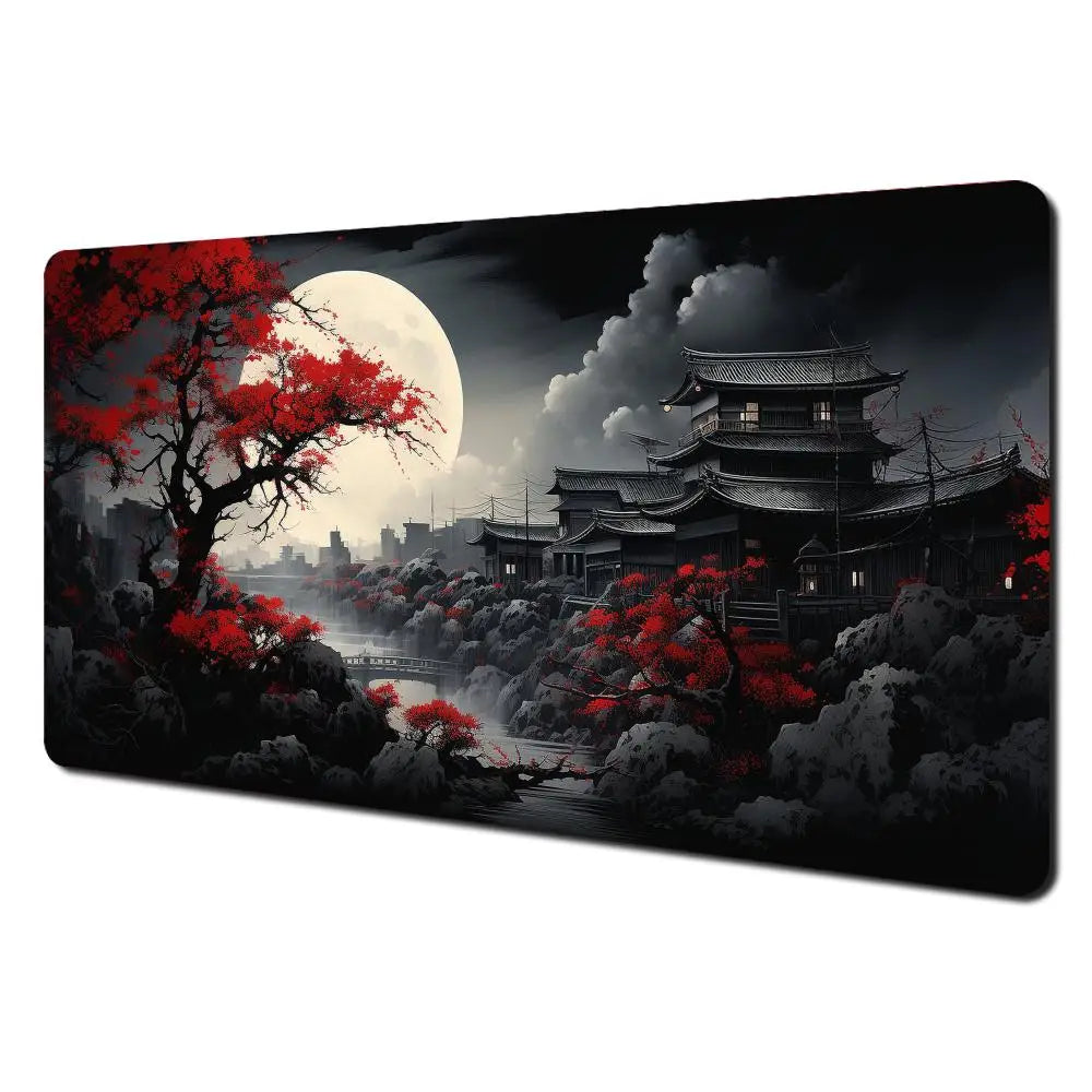 Tapis de Souris XXL Gamer – Design Japonais Lune & Temple | Antidérapant, Imperméable