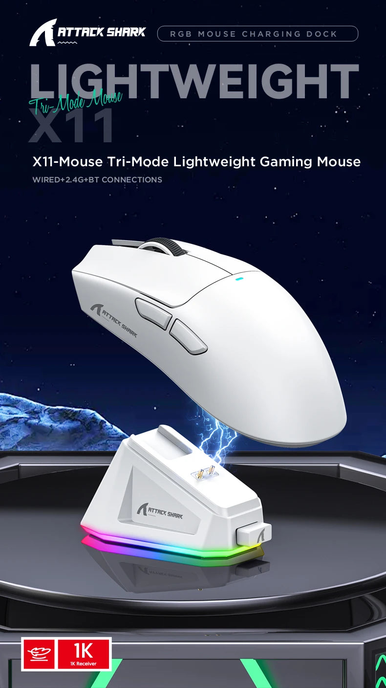 Attack Shark X11 – Souris Gaming Sans Fil 3 Modes avec Dock de Charge RGB