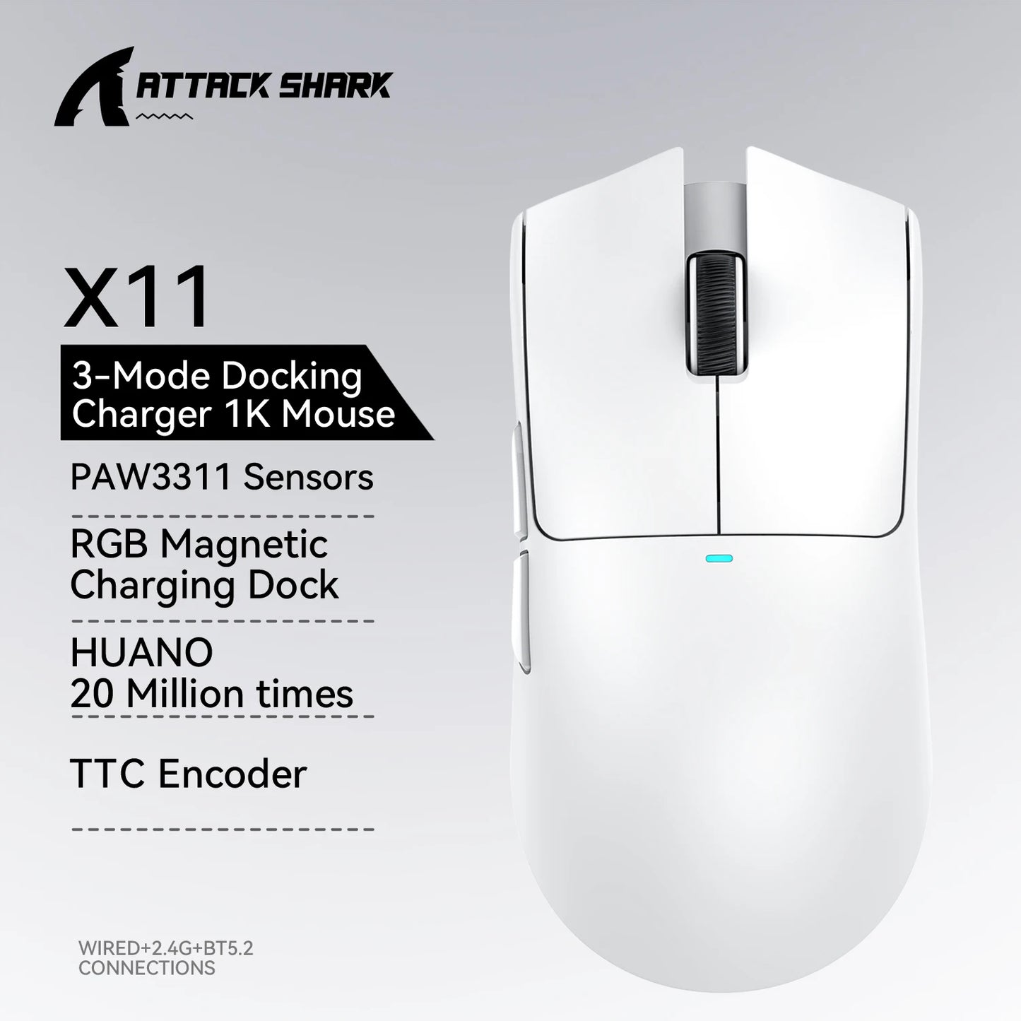 Attack Shark X11 – Souris Gaming Sans Fil 3 Modes avec Dock de Charge RGB