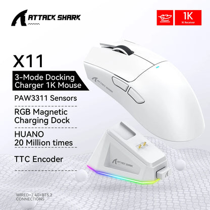 Attack Shark X11 – Souris Gaming Sans Fil 3 Modes avec Dock de Charge RGB