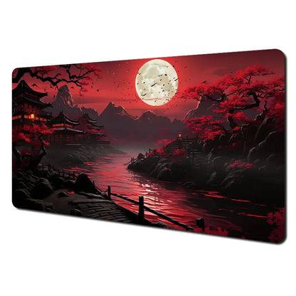 Tapis de Souris XXL Gamer – Design Japonais Lune & Temple | Antidérapant, Imperméable