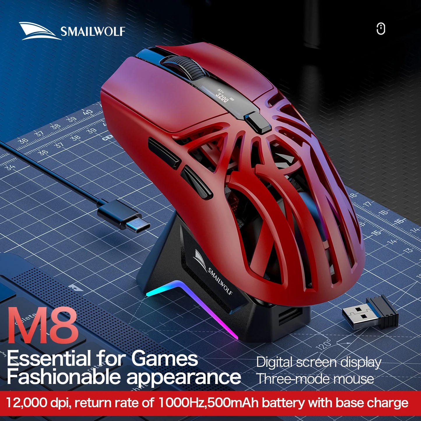 SMAILWOLF RS8 – Souris Gaming Sans Fil à Écran Digital (73g)
