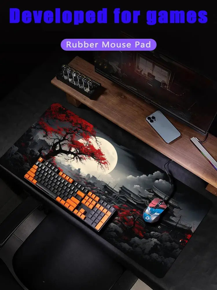 Tapis de Souris XXL Gamer – Design Japonais Lune & Temple | Antidérapant, Imperméable