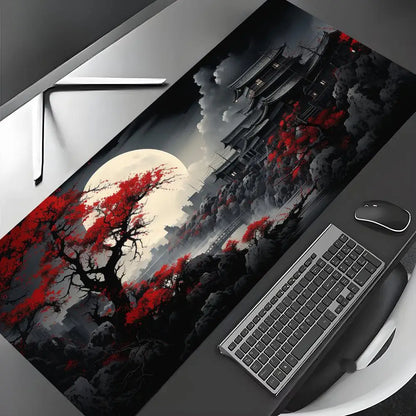 Tapis de Souris XXL Gamer – Design Japonais Lune & Temple | Antidérapant, Imperméable