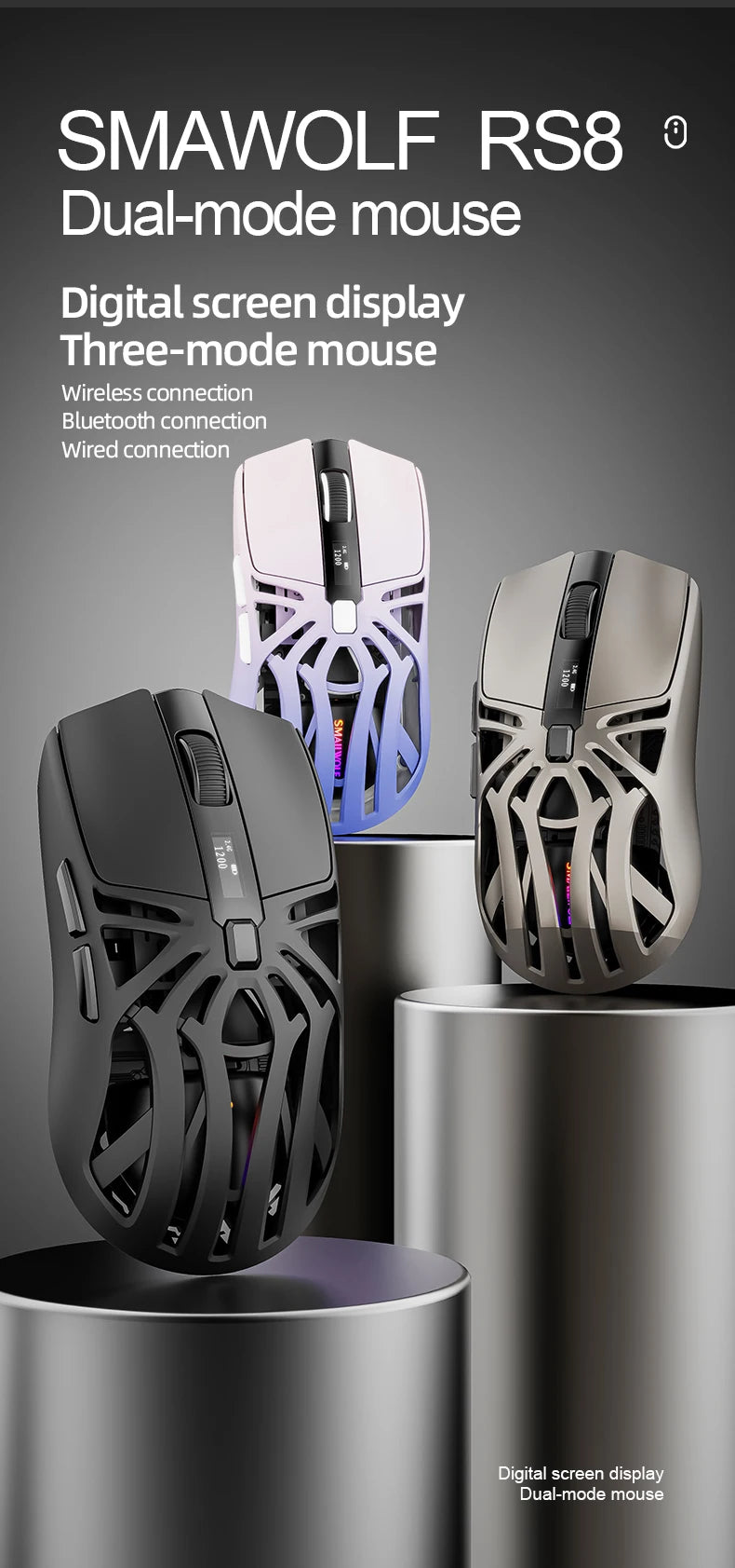 SMAILWOLF RS8 – Souris Gaming Sans Fil à Écran Digital (73g)