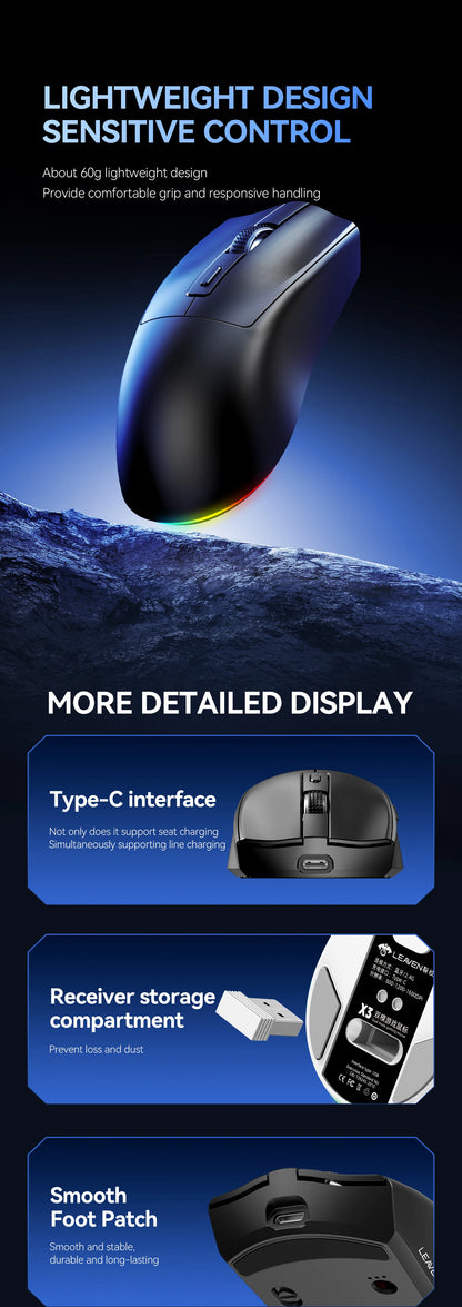 X3 Wireless Gaming Mouse – Précision, Légèreté et Style RGB