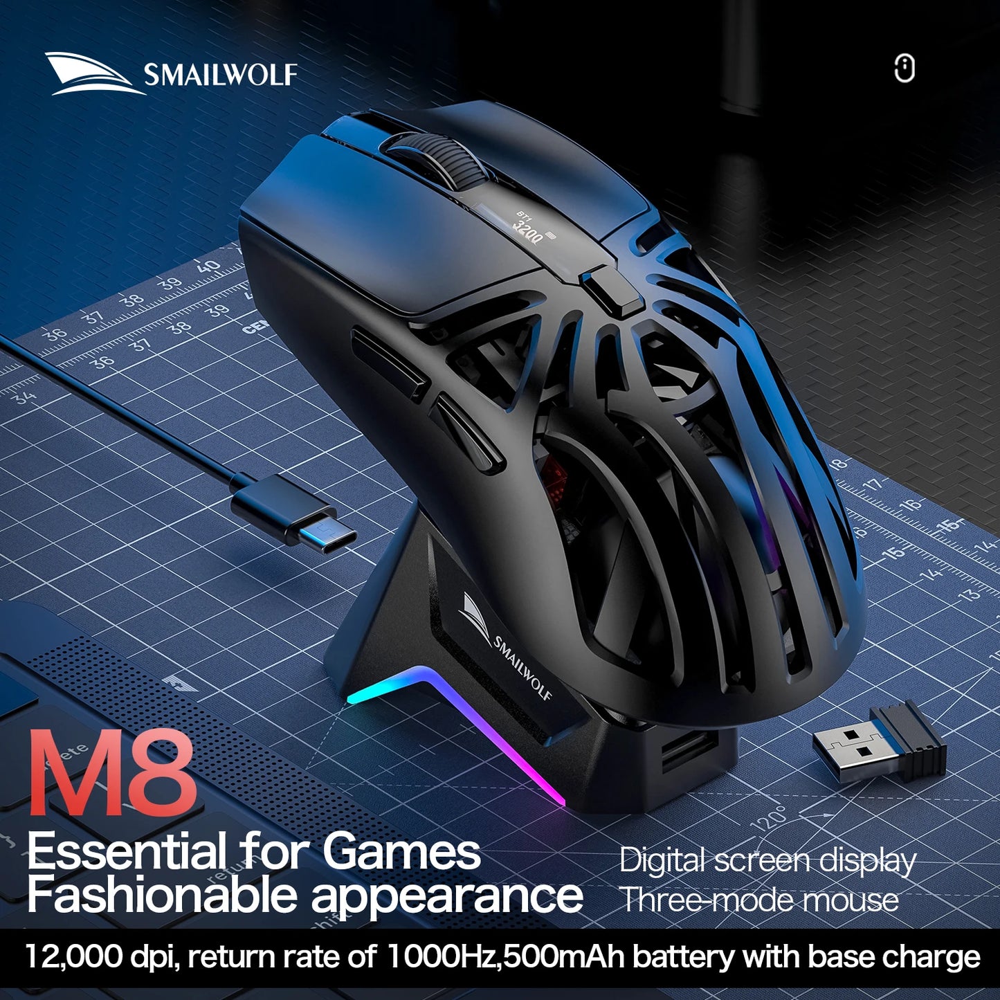 SMAILWOLF RS8 – Souris Gaming Sans Fil à Écran Digital (73g)